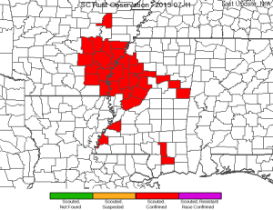 Current (7/11/2015) distribution of southern corn rust in MS and beyond.